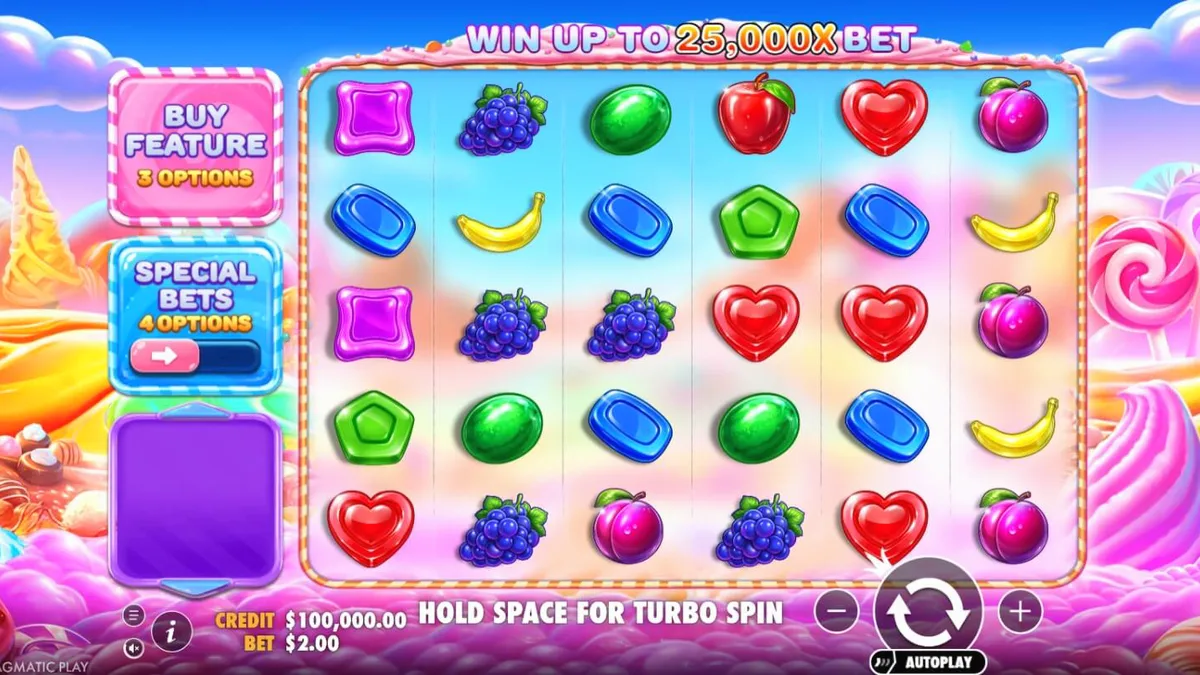Makulay na disenyo ng Sweet Bonanza 2500 na may mga kendi at prutas