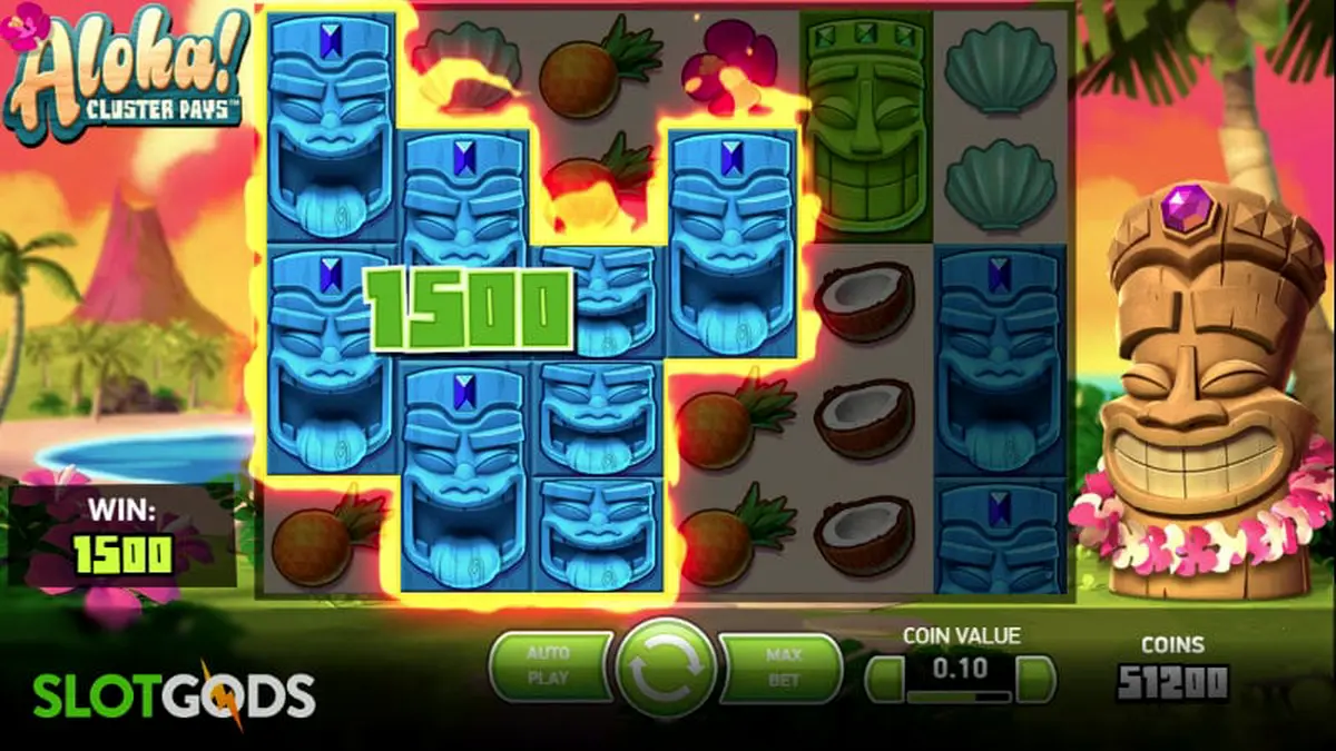 Makulay na disenyo ng Aloha! Cluster Pays slot na may temang Hawaiian.